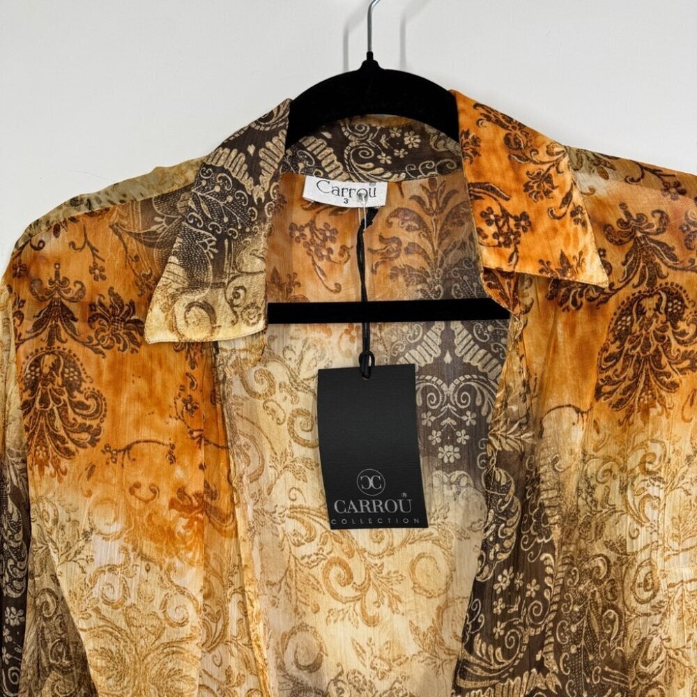 Carrou Collection Boho Tie Front Blouse Size 3 Brown Orange Sheer Resort Wear - Picture 4 of 14